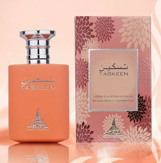 Taskeen perfume with peach, blood orange, cognac, vanilla, patchouli, and sandalwood notes in a luxurious 100ML bottle